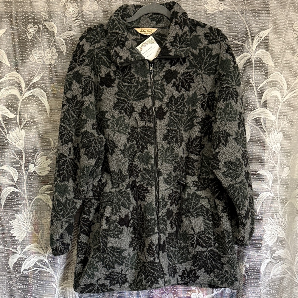 Vintage Kelsey Trail Sherpa Fleece Blue Green Leaves Jacket